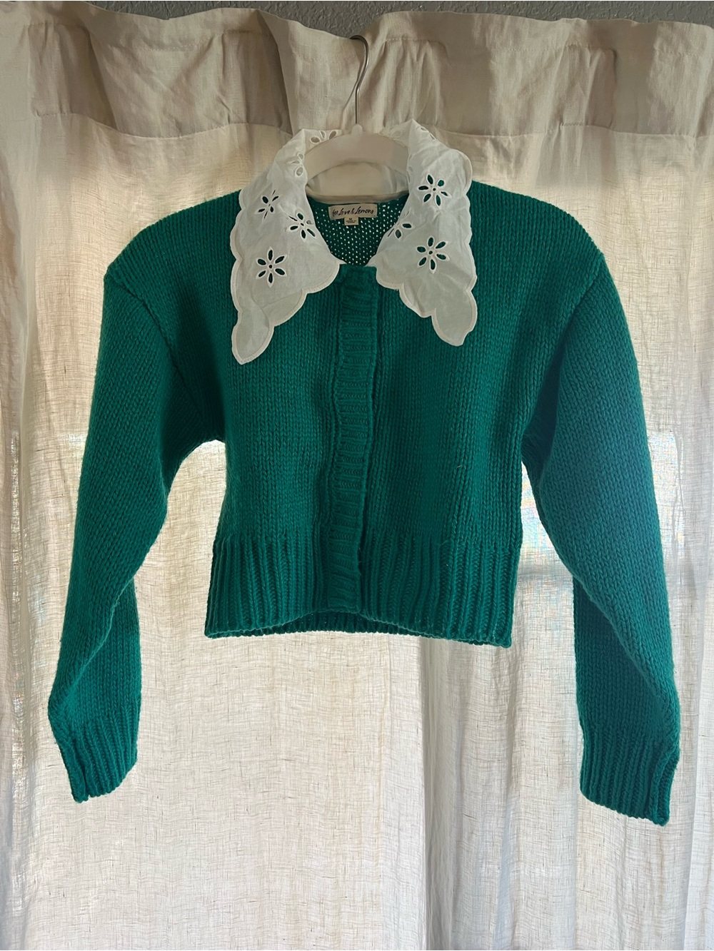 For Love And Lemons Emerald Green Cropped Knit Sweater with White Eyelet Collar